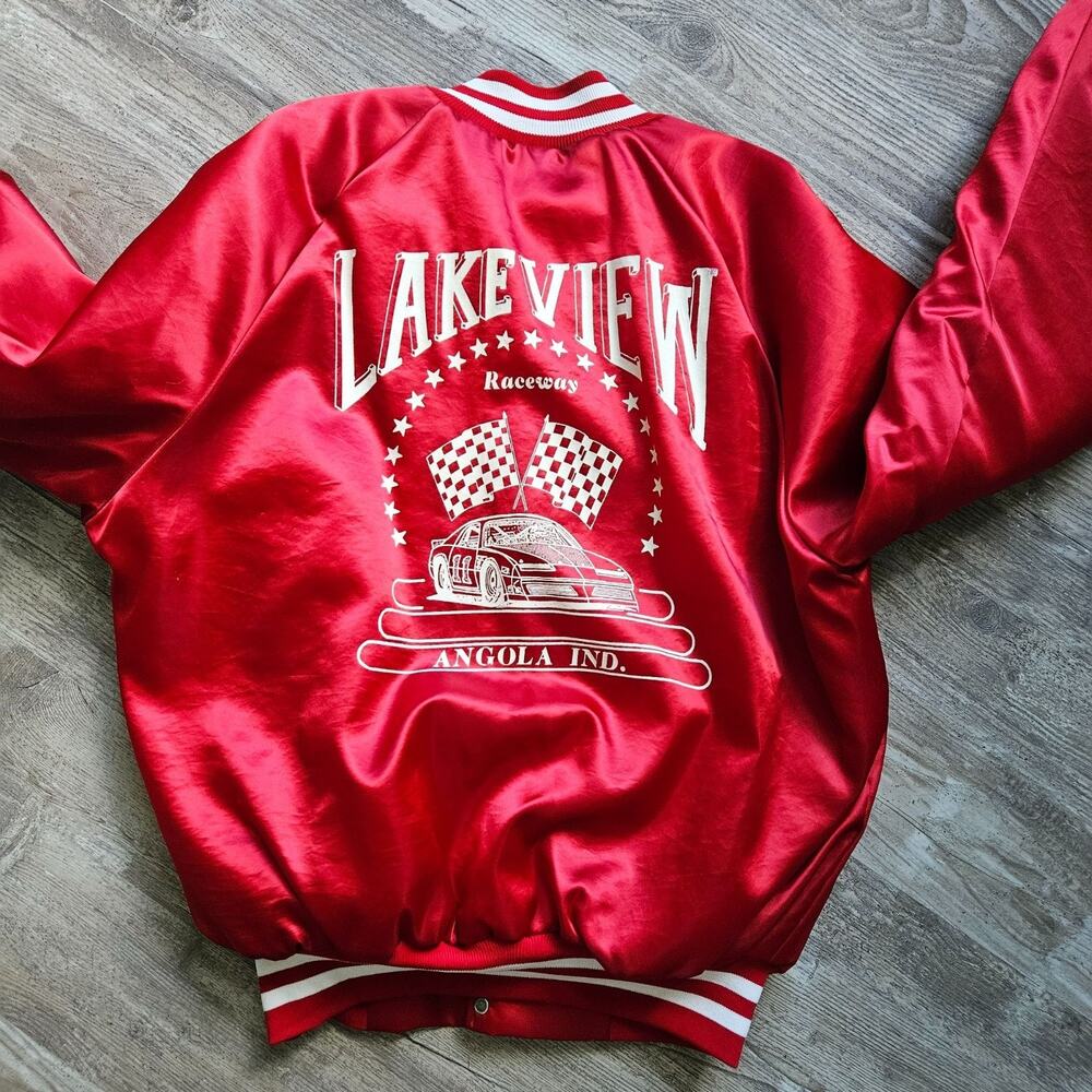 Vintage Westark Satin Jacket Lakeview Raceway Red Size L USA‎ Nylon 80s Racing